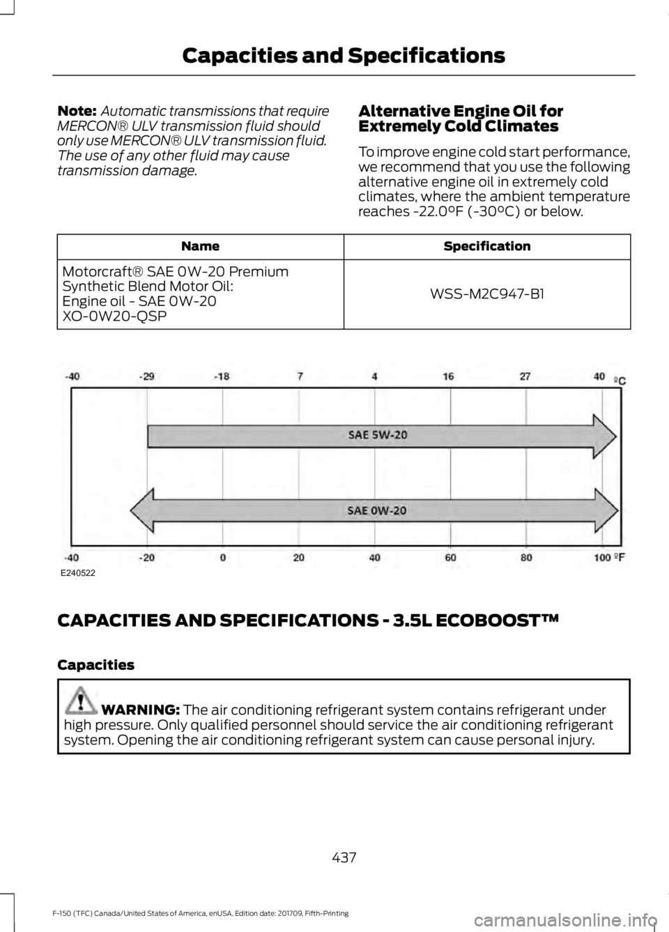 FORD F-150 2018  Owners Manual Note:
 Automatic transmissions that require
MERCON® ULV transmission fluid should
only use MERCON® ULV transmission fluid.
The use of any other fluid may cause
transmission damage. Alternative Engin