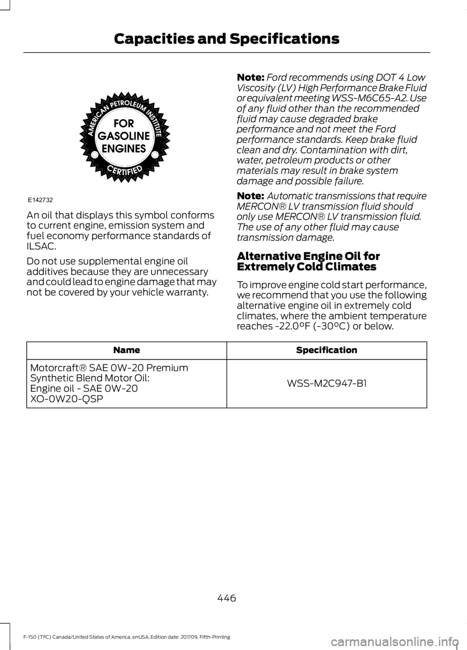FORD F-150 2018  Owners Manual An oil that displays this symbol conforms
to current engine, emission system and
fuel economy performance standards of
ILSAC.
Do not use supplemental engine oil
additives because they are unnecessary
