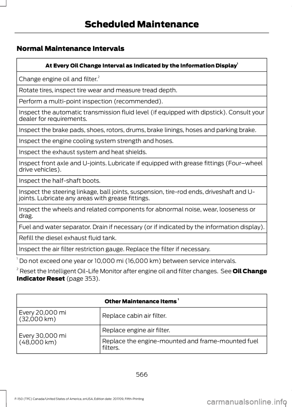 FORD F-150 2018 Owners Manual Normal Maintenance Intervals
At Every Oil Change Interval as Indicated by the Information Display
1
Change engine oil and filter. 2
Rotate tires, inspect tire wear and measure tread depth.
Perform a m FORD F-150 2018 Owners Manual Normal Maintenance Intervals
At Every Oil Change Interval as Indicated by the Information Display
1
Change engine oil and filter. 2
Rotate tires, inspect tire wear and measure tread depth.
Perform a m