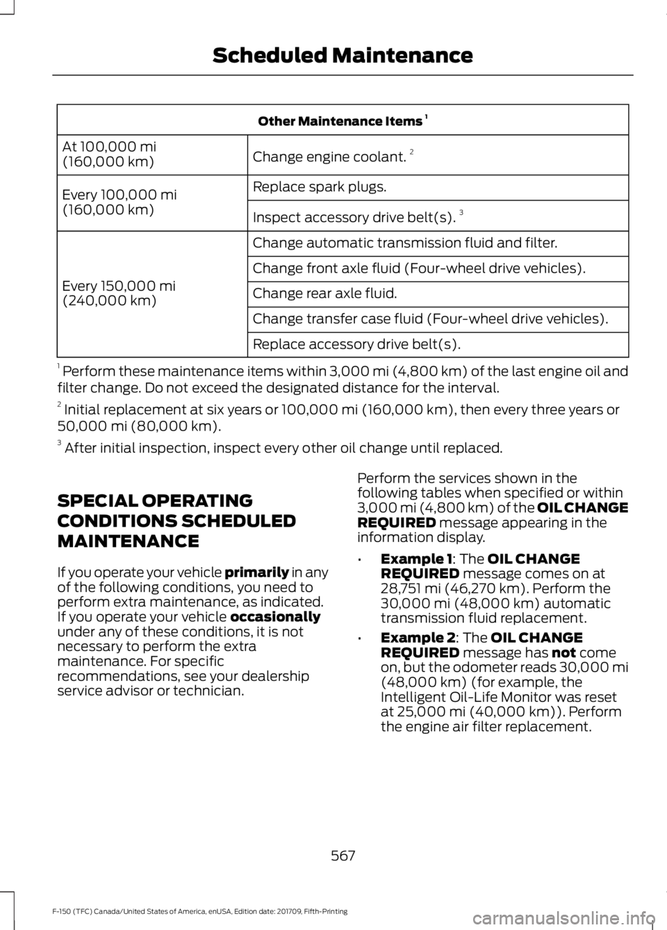 FORD F-150 2018 Owners Manual Other Maintenance Items
1
Change engine coolant. 2
At 100,000 mi
(160,000 km)
Replace spark plugs.
Every
100,000 mi
(160,000 km) Inspect accessory drive belt(s). 3
Change automatic transmission flui FORD F-150 2018 Owners Manual Other Maintenance Items
1
Change engine coolant. 2
At 100,000 mi
(160,000 km)
Replace spark plugs.
Every
100,000 mi
(160,000 km) Inspect accessory drive belt(s). 3
Change automatic transmission flui