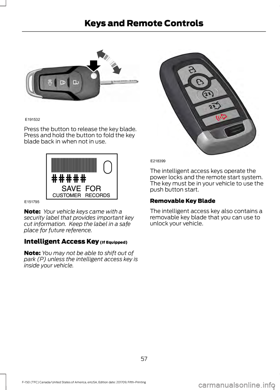 FORD F-150 2018 Workshop Manual Press the button to release the key blade.
Press and hold the button to fold the key
blade back in when not in use.
Note:
Your vehicle keys came with a
security label that provides important key
cut FORD F-150 2018 Workshop Manual Press the button to release the key blade.
Press and hold the button to fold the key
blade back in when not in use.
Note:
Your vehicle keys came with a
security label that provides important key
cut