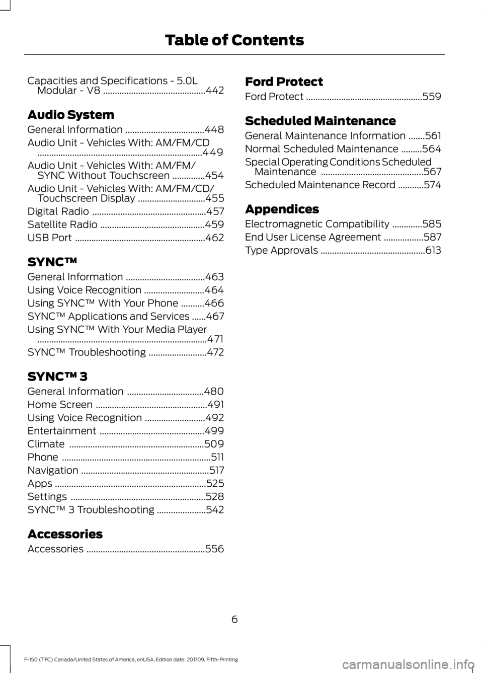 FORD F-150 2018  Owners Manual Capacities and Specifications - 5.0L
Modular - V8 ............................................442
Audio System
General Information ..................................
448
Audio Unit - Vehicles With: AM