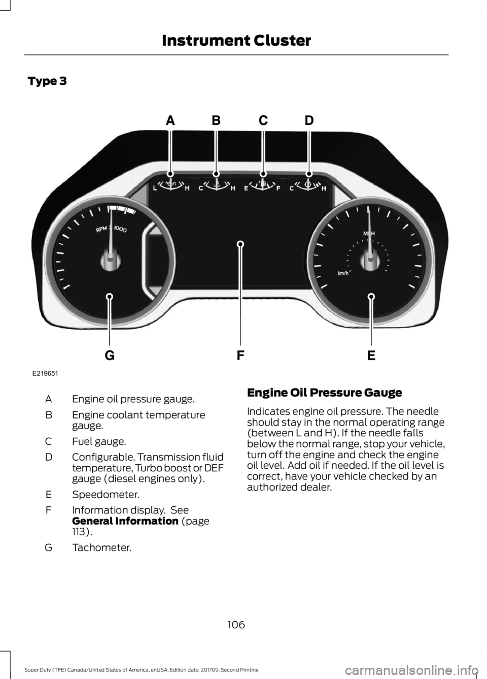 FORD F-250 2018 Owners Manual Type 3
Engine oil pressure gauge.
A
Engine coolant temperature
gauge.
B
Fuel gauge.
C
Configurable. Transmission fluid
temperature, Turbo boost or DEF
gauge (diesel engines only).
D
Speedometer.
E
Inf FORD F-250 2018 Owners Manual Type 3
Engine oil pressure gauge.
A
Engine coolant temperature
gauge.
B
Fuel gauge.
C
Configurable. Transmission fluid
temperature, Turbo boost or DEF
gauge (diesel engines only).
D
Speedometer.
E
Inf