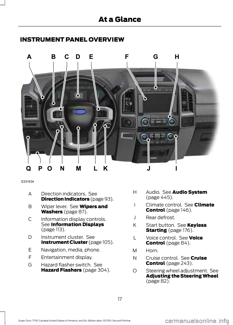 FORD F-250 2018 User Guide INSTRUMENT PANEL OVERVIEW
Direction indicators.  See
Direction Indicators (page 93).
A
Wiper lever.  See 
Wipers and
Washers (page 87).
B
Information display controls.
See 
Information Displays
(page 