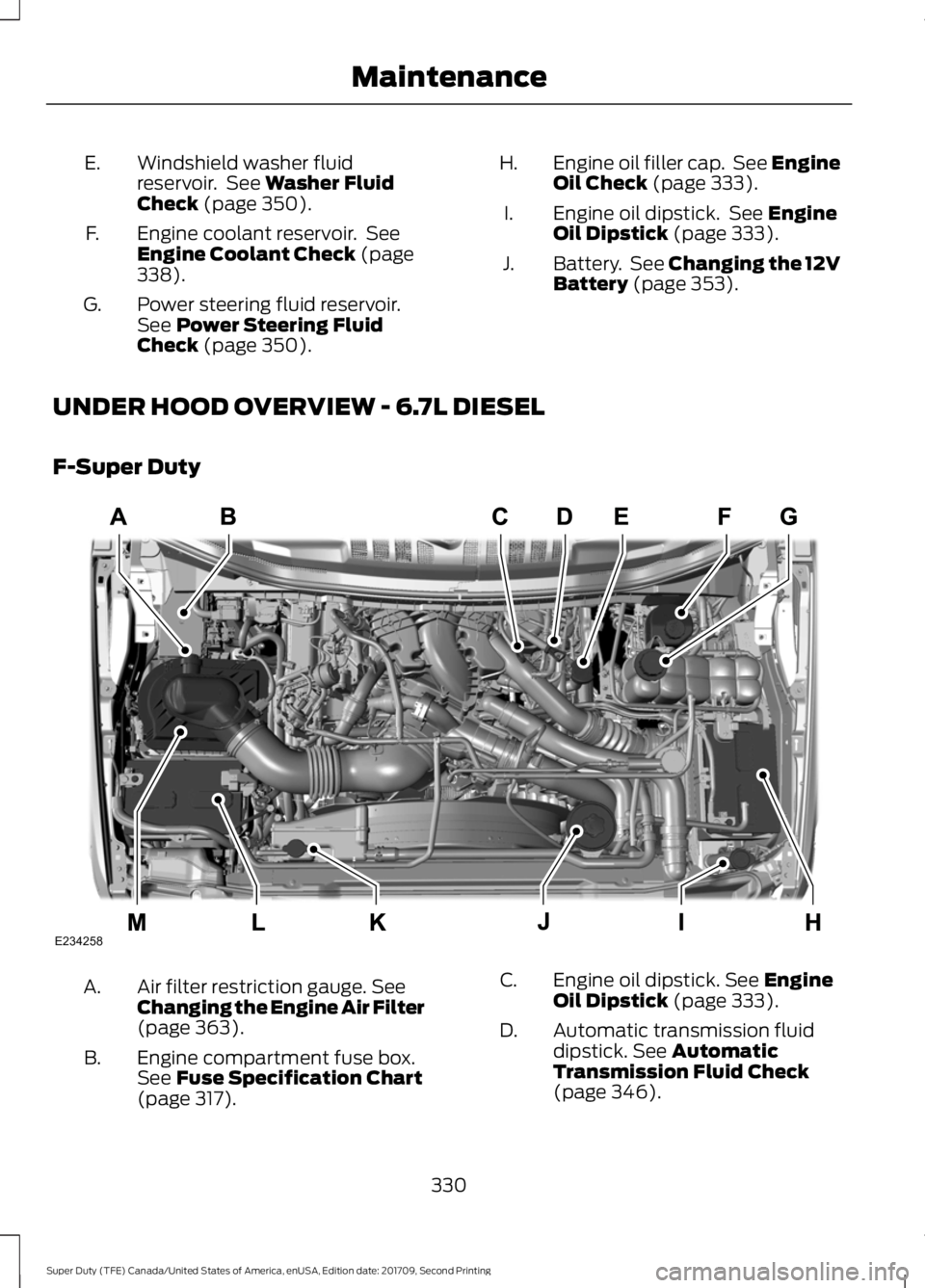 FORD F-250 2018  Owners Manual Windshield washer fluid
reservoir.  See Washer Fluid
Check (page 350).
E.
Engine coolant reservoir.  See
Engine Coolant Check
 (page
338).
F.
Power steering fluid reservoir.
See 
Power Steering Fluid
