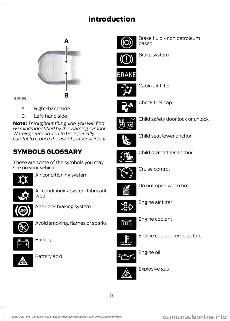 FORD F-450 2018  Owners Manual Right-hand side
A
Left-hand side
B
Note: Throughout this guide, you will find
warnings identified by the warning symbol.
Warnings remind you to be especially
careful to reduce the risk of personal inj