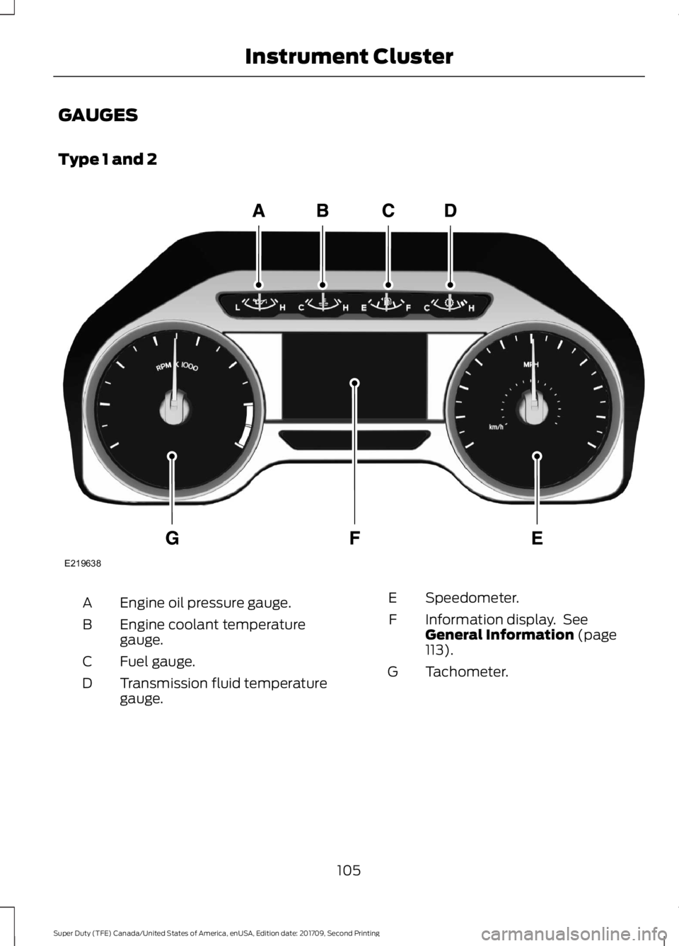 FORD F-450 2018  Owners Manual GAUGES
Type 1 and 2
Engine oil pressure gauge.
A
Engine coolant temperature
gauge.
B
Fuel gauge.
C
Transmission fluid temperature
gauge.
D Speedometer.
E
Information display.  See
General Information 