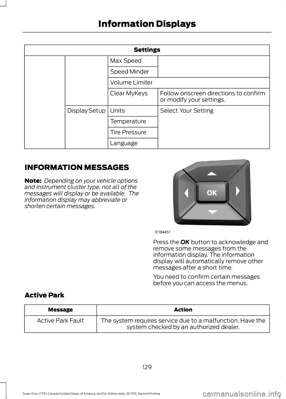 FORD F-450 2018  Owners Manual Settings
Max Speed
Speed Minder
Volume Limiter Follow onscreen directions to confirm
or modify your settings.
Clear MyKeys
Select Your Setting
Units
Display Setup
Temperature
Tire Pressure
Language
IN