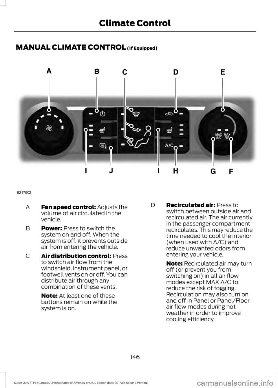 FORD F-450 2018  Owners Manual MANUAL CLIMATE CONTROL (If Equipped)
Fan speed control: Adjusts the
volume of air circulated in the
vehicle.
A
Power:
 Press to switch the
system on and off. When the
system is off, it prevents outsid