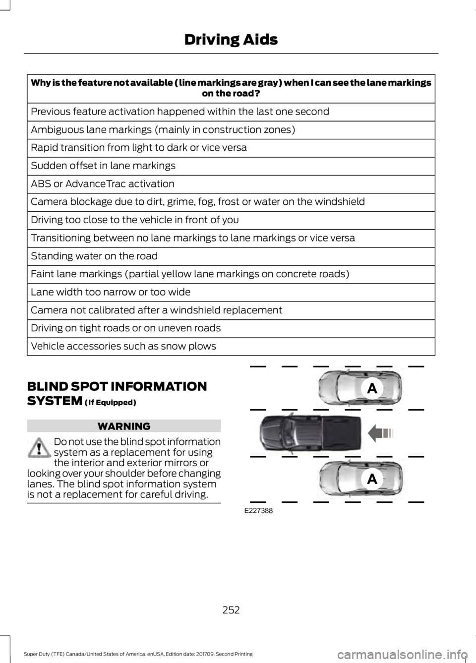 FORD F-450 2018 Owners Manual Why is the feature not available (line markings are gray) when I can see the lane markings
on the road?
Previous feature activation happened within the last one second
Ambiguous lane markings (mainly FORD F-450 2018 Owners Manual Why is the feature not available (line markings are gray) when I can see the lane markings
on the road?
Previous feature activation happened within the last one second
Ambiguous lane markings (mainly