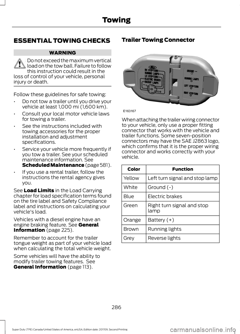 FORD F-450 2018  Owners Manual ESSENTIAL TOWING CHECKS
WARNING
Do not exceed the maximum vertical
load on the tow ball. Failure to follow
this instruction could result in the
loss of control of your vehicle, personal
injury or deat