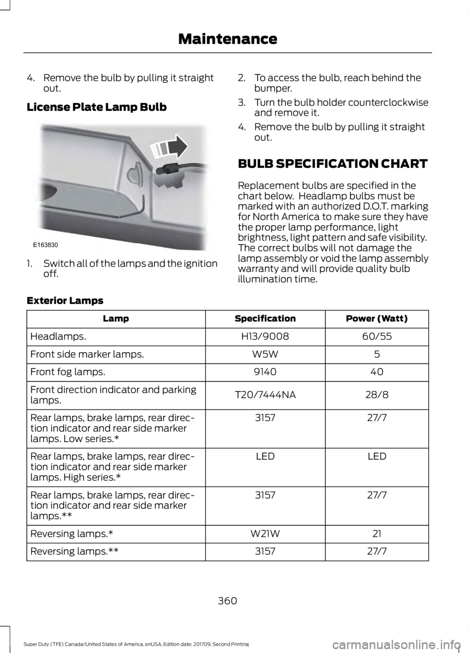 FORD F-450 2018 Owners Manual 4. Remove the bulb by pulling it straight
out.
License Plate Lamp Bulb 1.
Switch all of the lamps and the ignition
off. 2. To access the bulb, reach behind the
bumper.
3. Turn the bulb holder counterc FORD F-450 2018 Owners Manual 4. Remove the bulb by pulling it straight
out.
License Plate Lamp Bulb 1.
Switch all of the lamps and the ignition
off. 2. To access the bulb, reach behind the
bumper.
3. Turn the bulb holder counterc