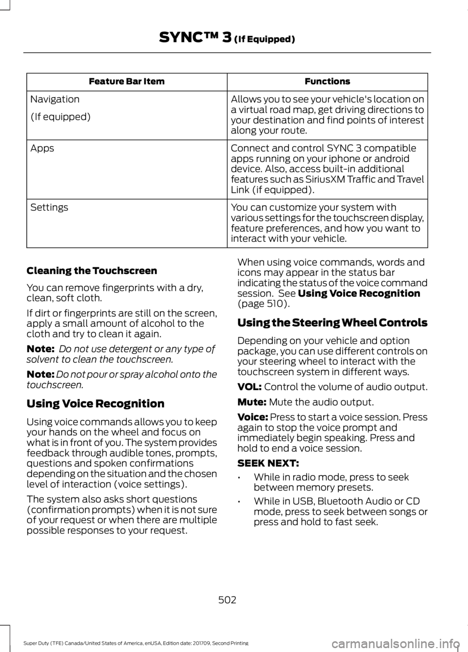 FORD F-450 2018 Owners Manual Functions
Feature Bar Item
Allows you to see your vehicle's location on
a virtual road map, get driving directions to
your destination and find points of interest
along your route.
Navigation
(If FORD F-450 2018 Owners Manual Functions
Feature Bar Item
Allows you to see your vehicle's location on
a virtual road map, get driving directions to
your destination and find points of interest
along your route.
Navigation
(If