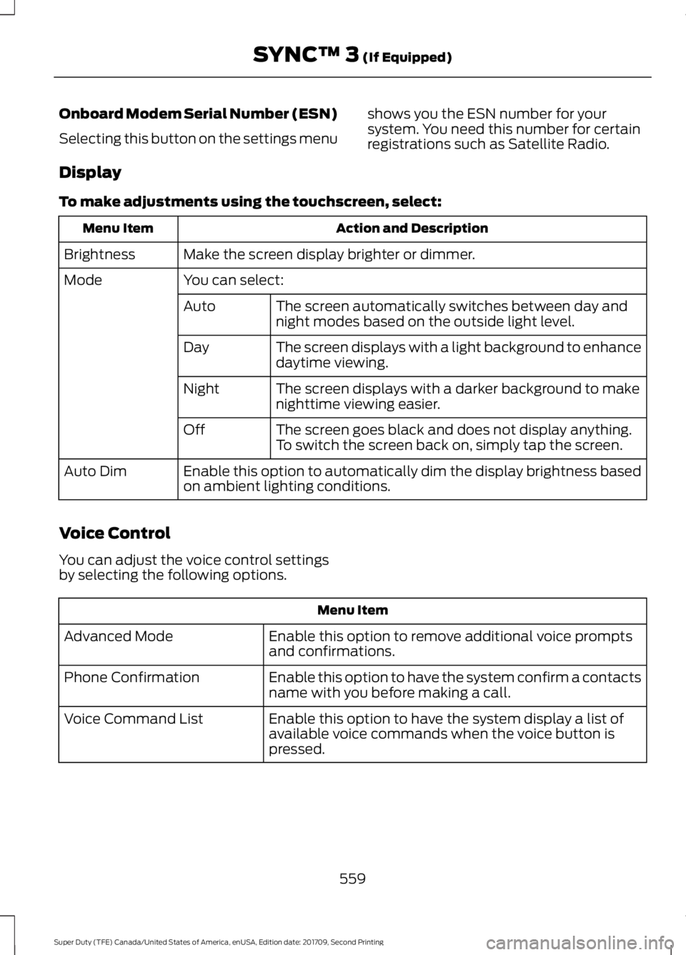 FORD F-450 2018 Owners Manual Onboard Modem Serial Number (ESN)
Selecting this button on the settings menu
shows you the ESN number for your
system. You need this number for certain
registrations such as Satellite Radio.
Display
T FORD F-450 2018 Owners Manual Onboard Modem Serial Number (ESN)
Selecting this button on the settings menu
shows you the ESN number for your
system. You need this number for certain
registrations such as Satellite Radio.
Display
T