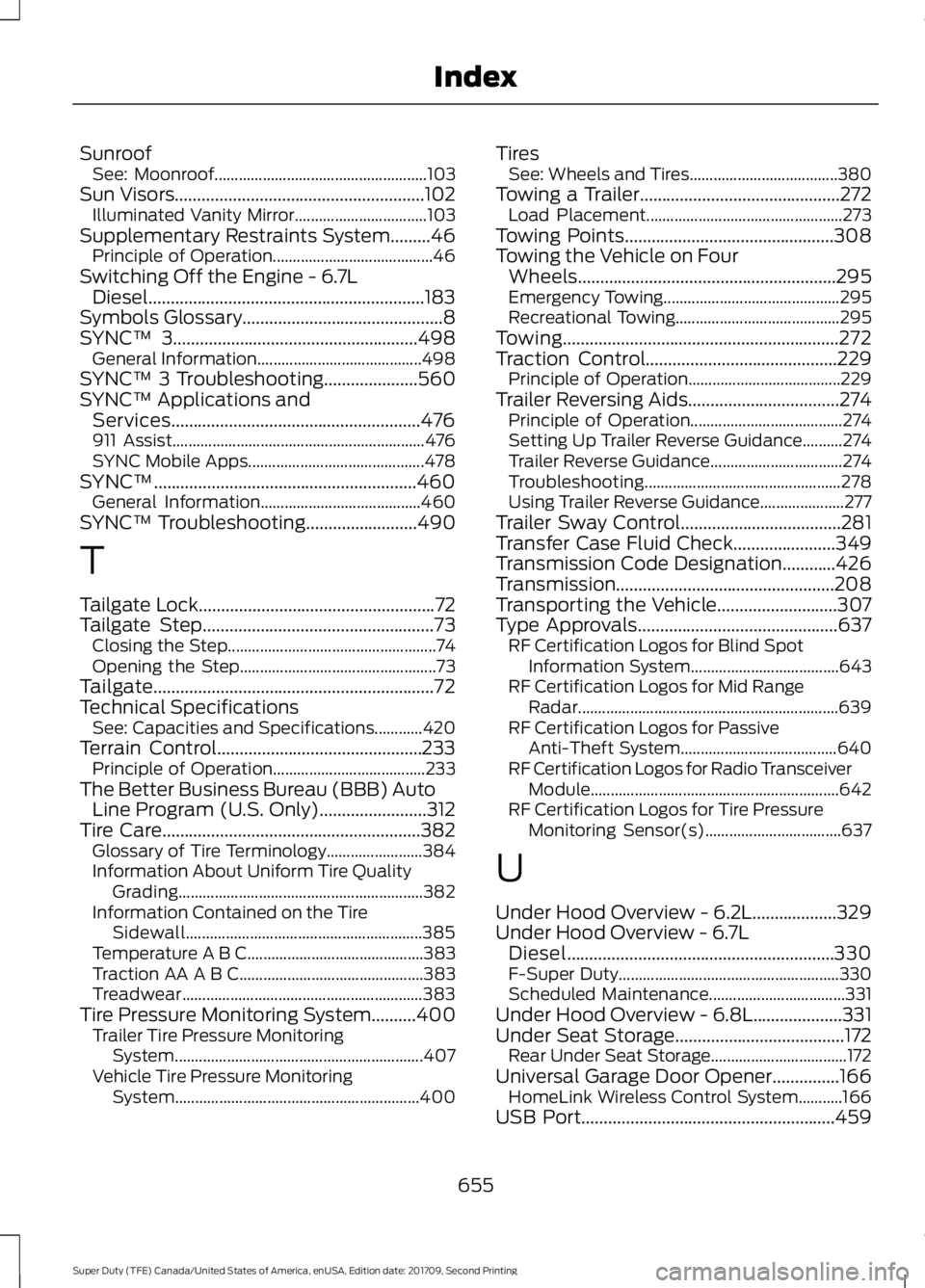 FORD F-450 2018  Owners Manual Sunroof
See: Moonroof..................................................... 103
Sun Visors........................................................102
Illuminated Vanity Mirror..........................