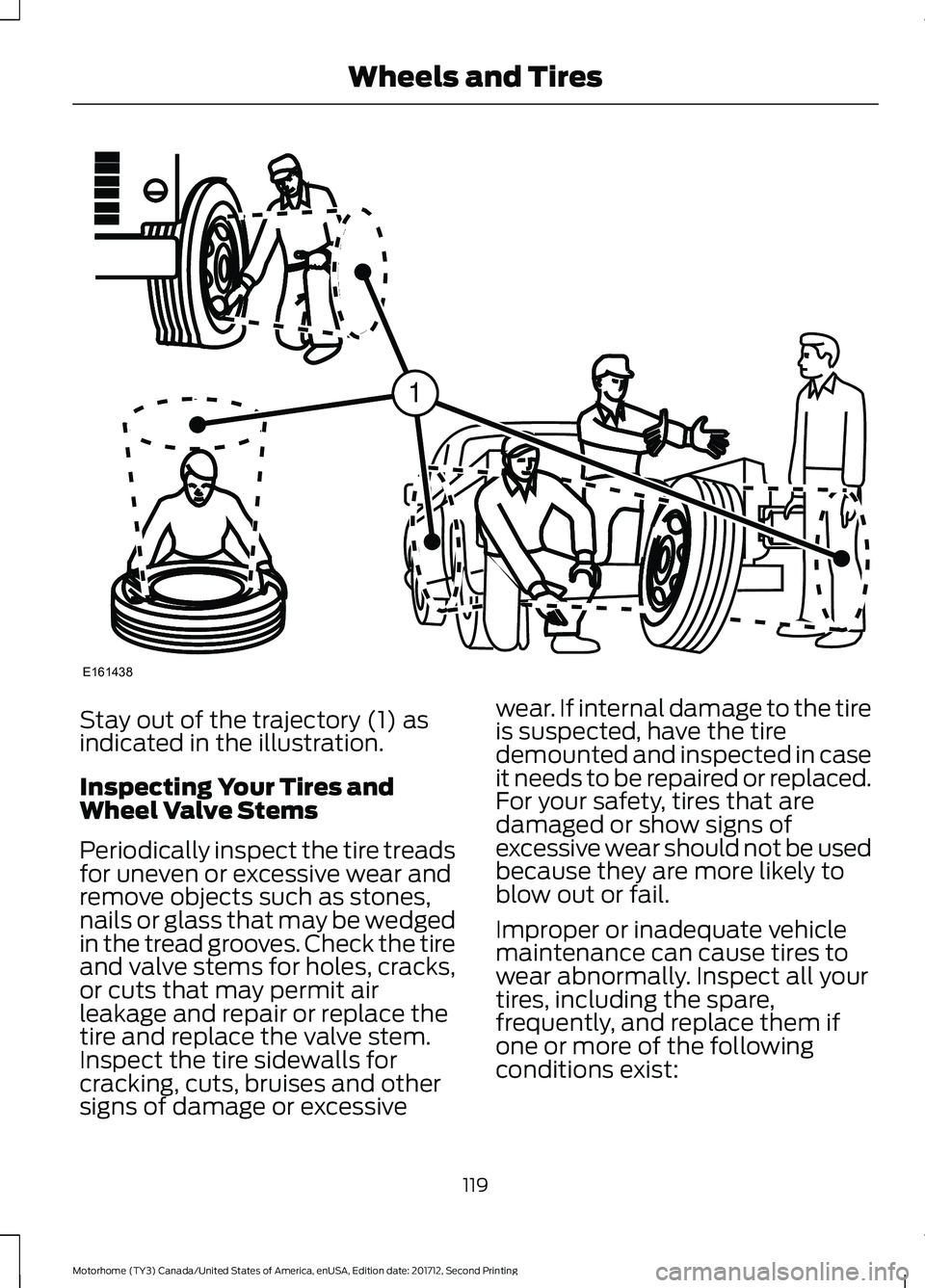 FORD F-53 2018 Owners Manual Stay out of the trajectory (1) as
indicated in the illustration.
Inspecting Your Tires and
Wheel Valve Stems
Periodically inspect the tire treads
for uneven or excessive wear and
remove objects such a FORD F-53 2018 Owners Manual Stay out of the trajectory (1) as
indicated in the illustration.
Inspecting Your Tires and
Wheel Valve Stems
Periodically inspect the tire treads
for uneven or excessive wear and
remove objects such a
