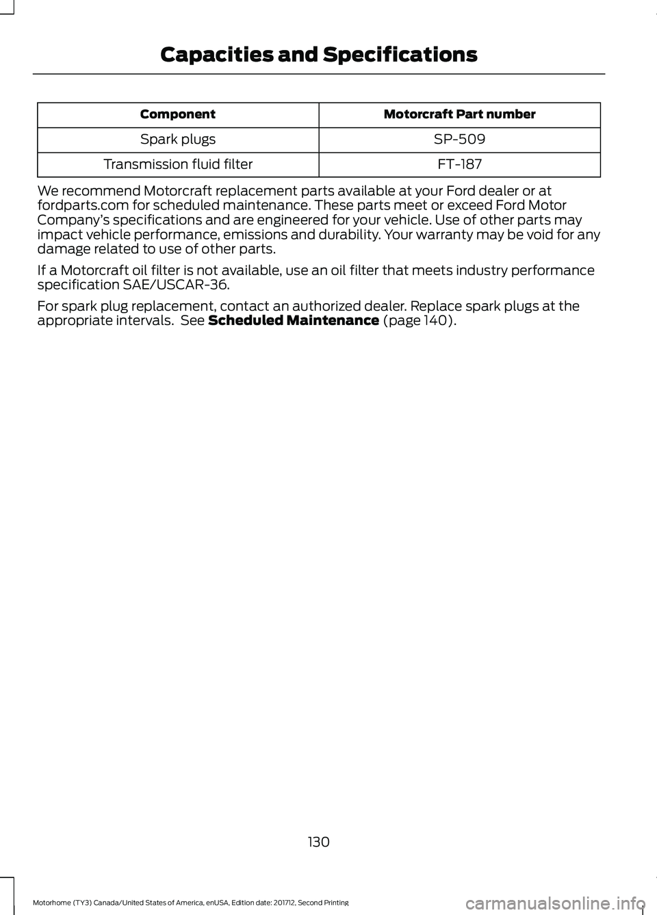 FORD F-53 2018  Owners Manual Motorcraft Part number
Component
SP-509
Spark plugs
FT-187
Transmission fluid filter
We recommend Motorcraft replacement parts available at your Ford dealer or at
fordparts.com for scheduled maintenan