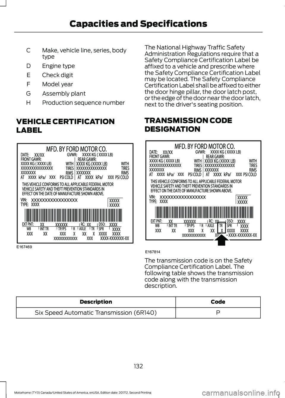 FORD F-53 2018  Owners Manual Make, vehicle line, series, body
type
C
Engine type
D
Check digit
E
Model year
F
Assembly plant
G
Production sequence number
H
VEHICLE CERTIFICATION
LABEL The National Highway Traffic Safety
Administr