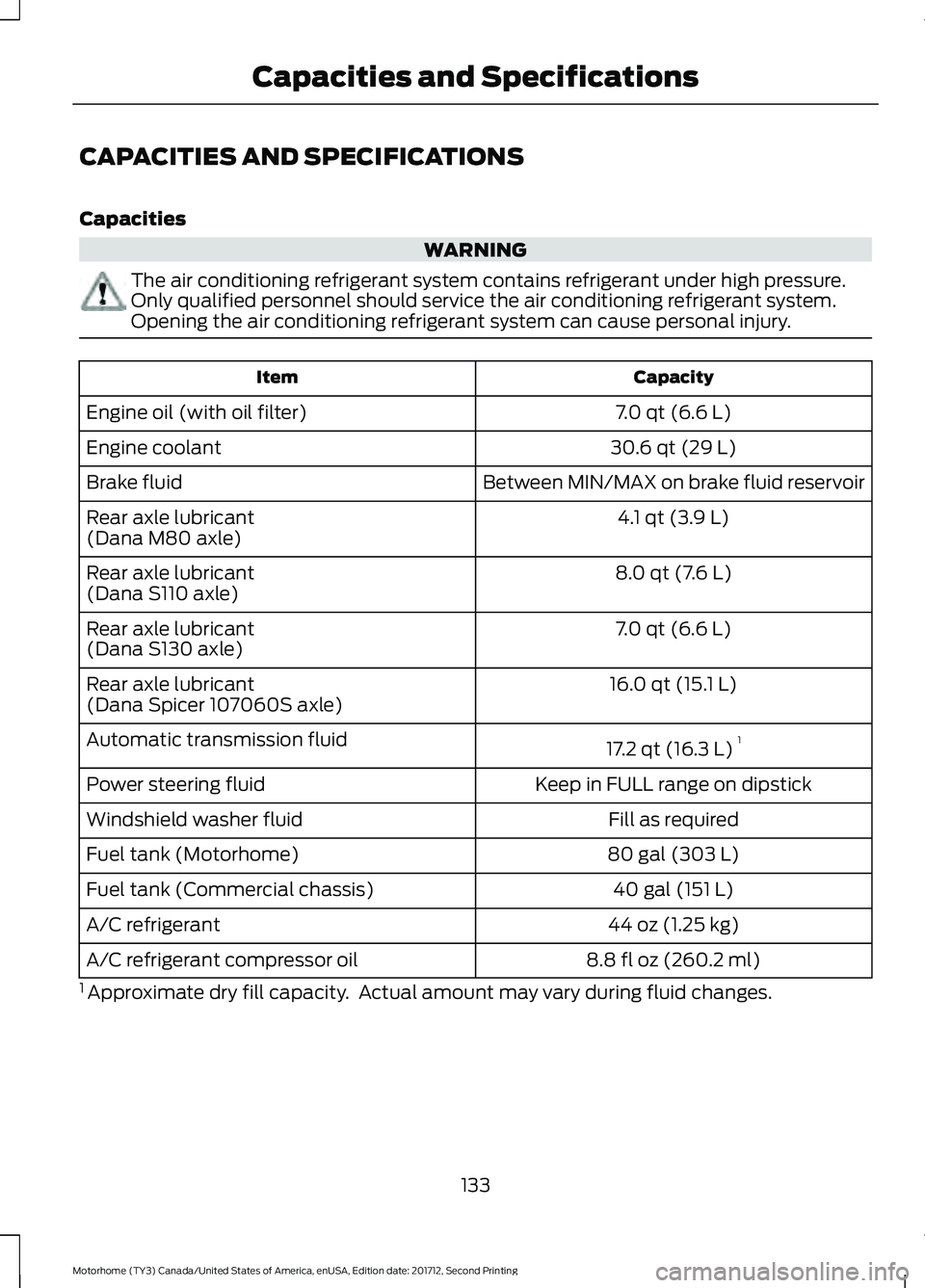 FORD F-53 2018  Owners Manual CAPACITIES AND SPECIFICATIONS
Capacities
WARNING
The air conditioning refrigerant system contains refrigerant under high pressure.
Only qualified personnel should service the air conditioning refriger
