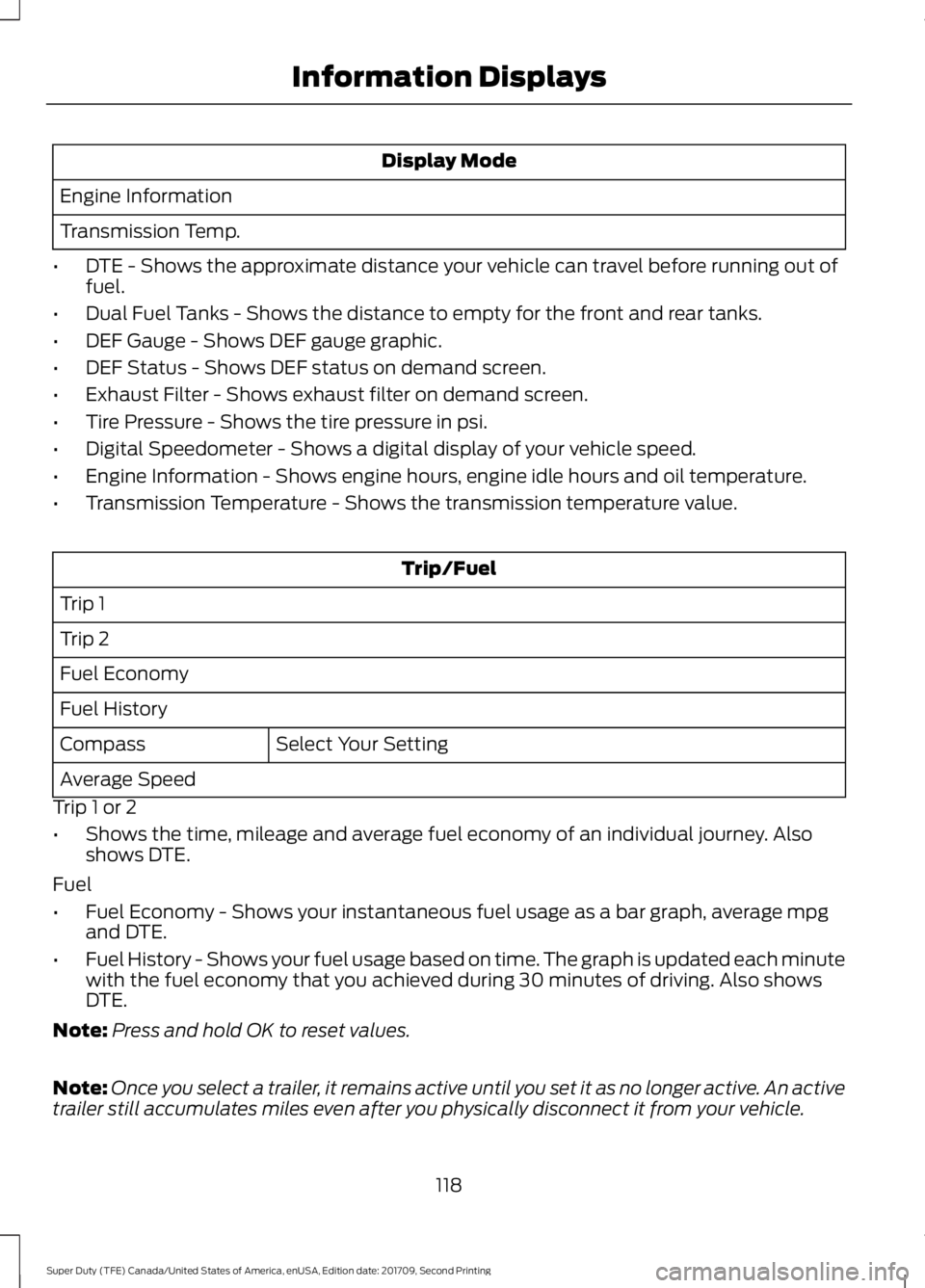 FORD F-550 2018 Owners Manual Display Mode
Engine Information
Transmission Temp.
• DTE - Shows the approximate distance your vehicle can travel before running out of
fuel.
• Dual Fuel Tanks - Shows the distance to empty for th FORD F-550 2018 Owners Manual Display Mode
Engine Information
Transmission Temp.
• DTE - Shows the approximate distance your vehicle can travel before running out of
fuel.
• Dual Fuel Tanks - Shows the distance to empty for th
