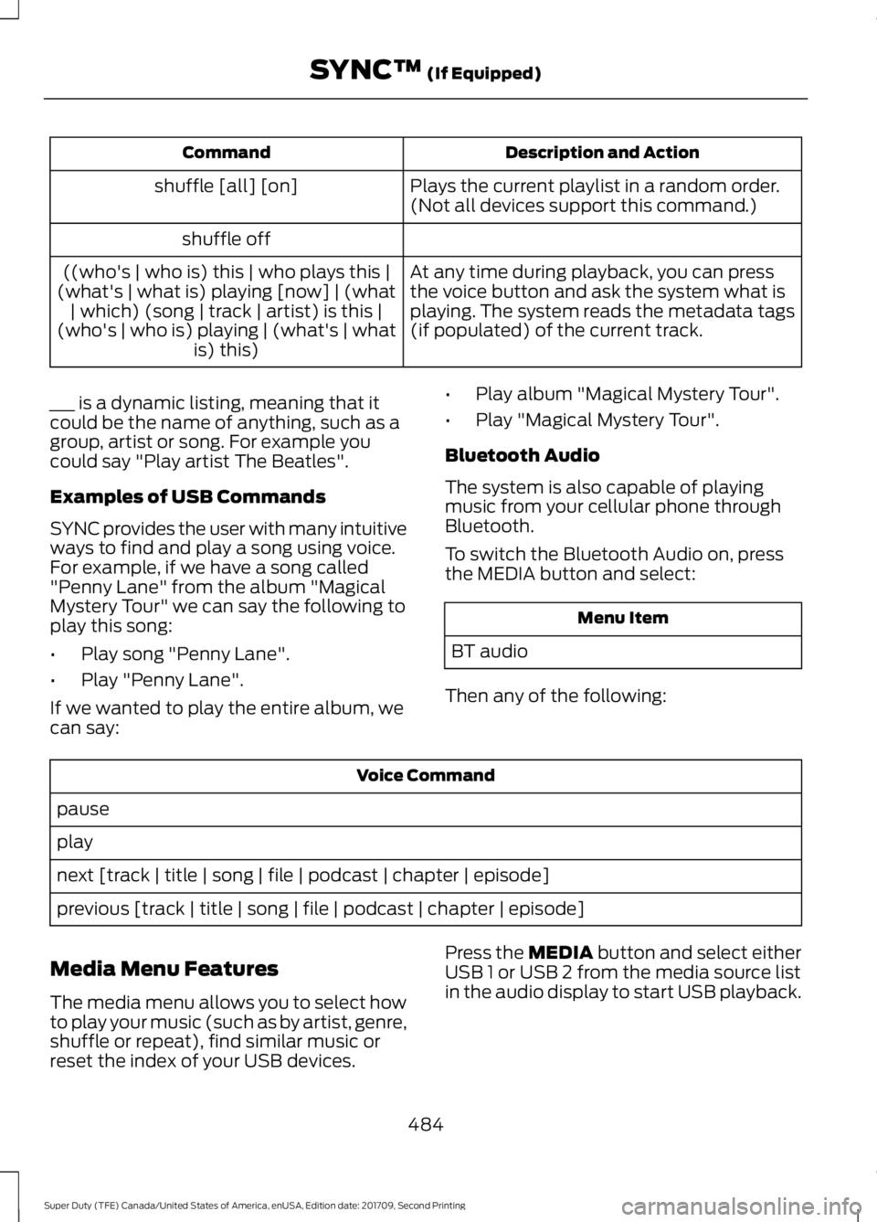 FORD F-550 2018  Owners Manual Description and Action
Command
Plays the current playlist in a random order.
(Not all devices support this command.)
shuffle [all] [on]
shuffle off At any time during playback, you can press
the voice