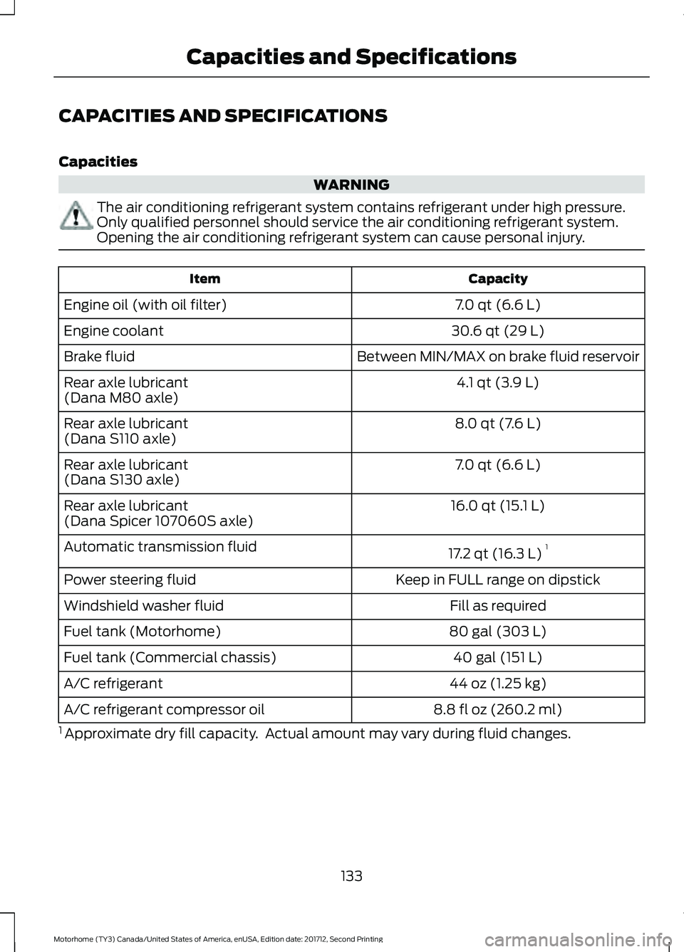 FORD F-59 2018  Owners Manual CAPACITIES AND SPECIFICATIONS
Capacities
WARNING
The air conditioning refrigerant system contains refrigerant under high pressure.
Only qualified personnel should service the air conditioning refriger