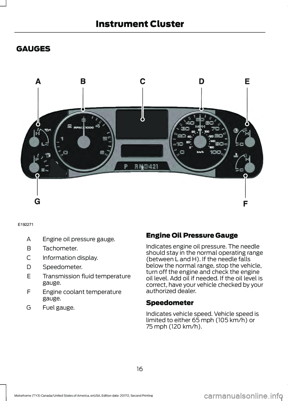 FORD F-59 2018  Owners Manual GAUGES
Engine oil pressure gauge.
A
Tachometer.
B
Information display.
C
Speedometer.
D
Transmission fluid temperature
gauge.
E
Engine coolant temperature
gauge.
F
Fuel gauge.
G Engine Oil Pressure Ga