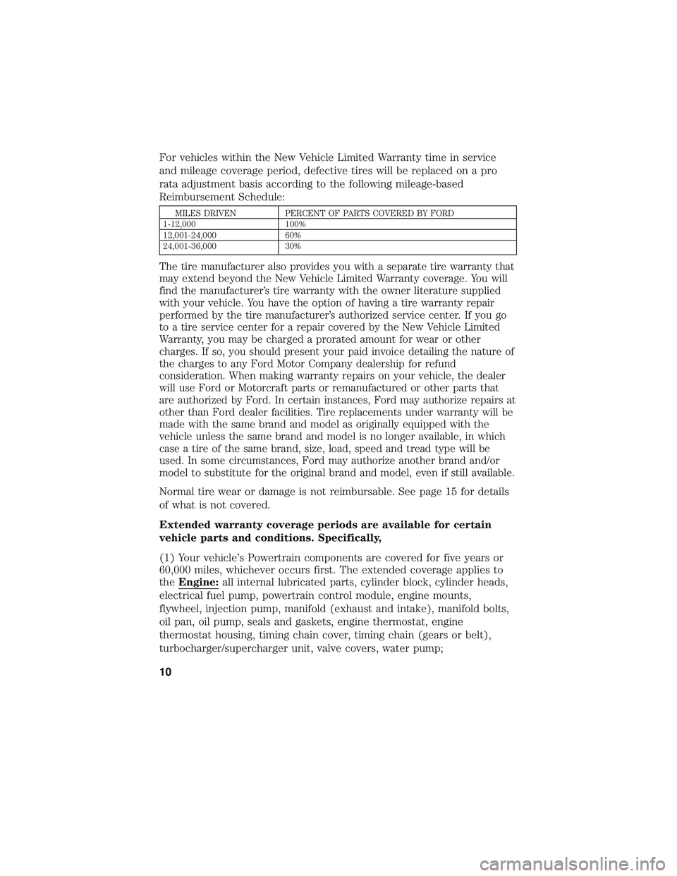 FORD F-59 2018 Warranty Guide For vehicles within the New Vehicle Limited Warranty time in service
and mileage coverage period, defective tires will be replaced on a pro
rata adjustment basis according to the following mileage-bas FORD F-59 2018 Warranty Guide For vehicles within the New Vehicle Limited Warranty time in service
and mileage coverage period, defective tires will be replaced on a pro
rata adjustment basis according to the following mileage-bas