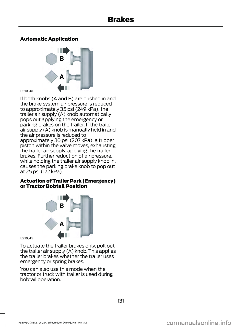 FORD F-650/750 2018 Owners Manual Automatic Application
If both knobs (A and B) are pushed in and
the brake system air pressure is reduced
to approximately 35 psi (249 kPa), the
trailer air supply (A) knob automatically
pops out apply FORD F-650/750 2018 Owners Manual Automatic Application
If both knobs (A and B) are pushed in and
the brake system air pressure is reduced
to approximately 35 psi (249 kPa), the
trailer air supply (A) knob automatically
pops out apply