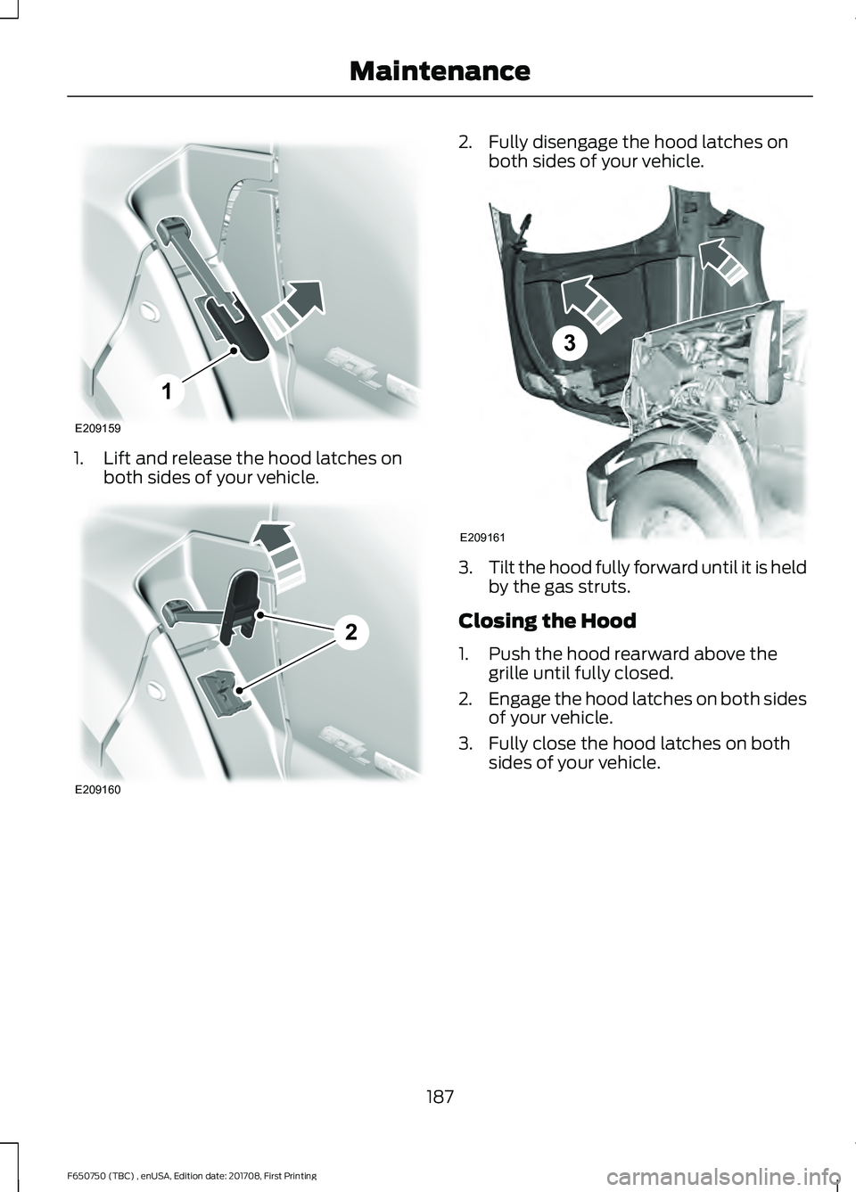 FORD F-650/750 2018 Owners Manual 1. Lift and release the hood latches on
both sides of your vehicle. 2. Fully disengage the hood latches on
both sides of your vehicle. 3.
Tilt the hood fully forward until it is held
by the gas struts FORD F-650/750 2018 Owners Manual 1. Lift and release the hood latches on
both sides of your vehicle. 2. Fully disengage the hood latches on
both sides of your vehicle. 3.
Tilt the hood fully forward until it is held
by the gas struts