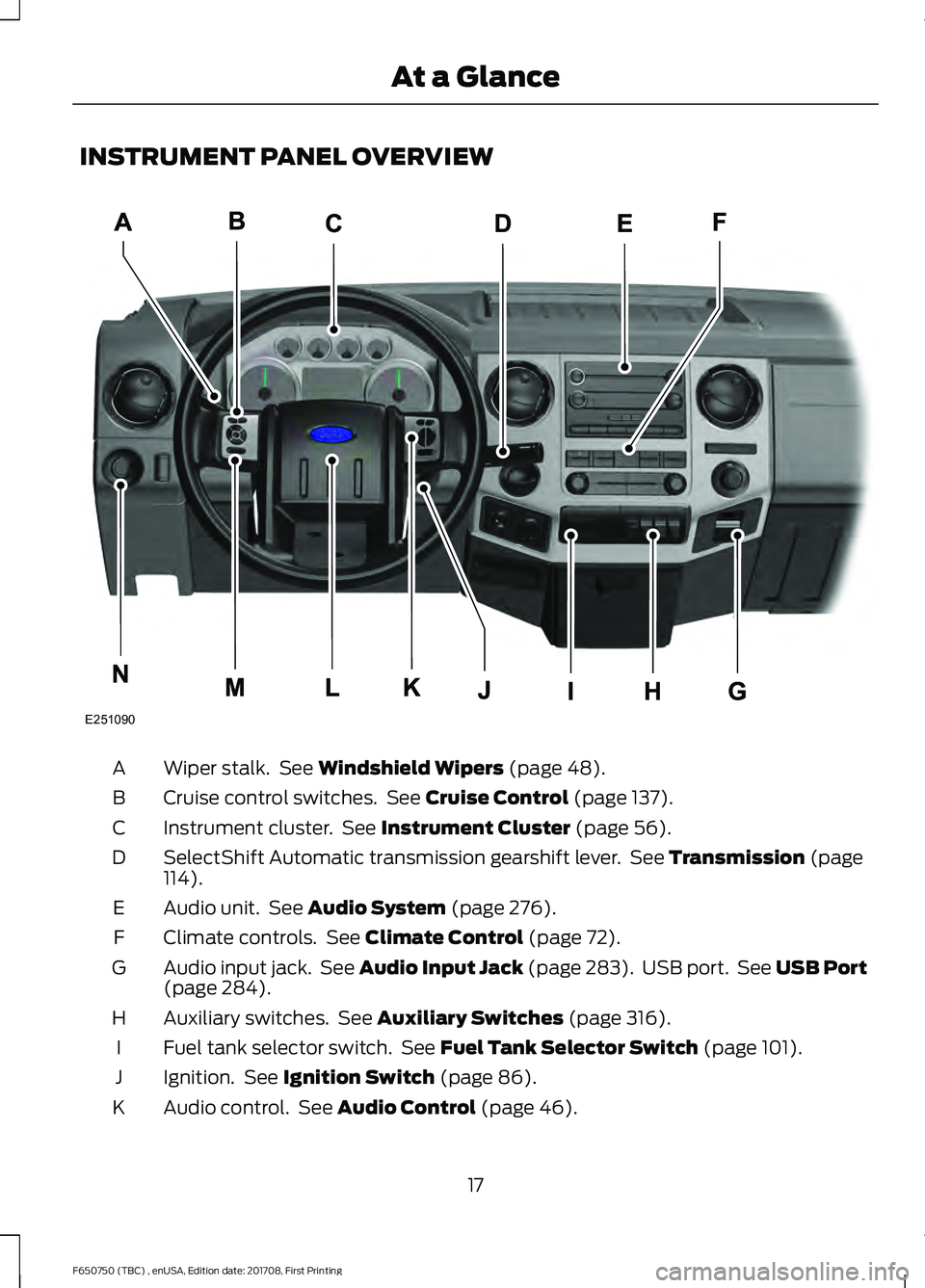 FORD F-650/750 2018 User Guide INSTRUMENT PANEL OVERVIEW
Wiper stalk.  See Windshield Wipers (page 48).
A
Cruise control switches.  See 
Cruise Control (page 137).
B
Instrument cluster.  See 
Instrument Cluster (page 56).
C
SelectS
