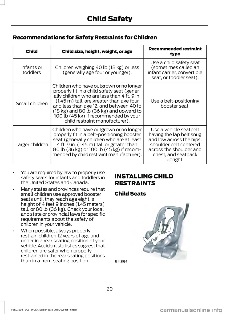 FORD F-650/750 2018 Owners Manual Recommendations for Safety Restraints for Children
Recommended restraint
type
Child size, height, weight, or age
Child
Use a child safety seat(sometimes called an
infant carrier, convertible seat, or 