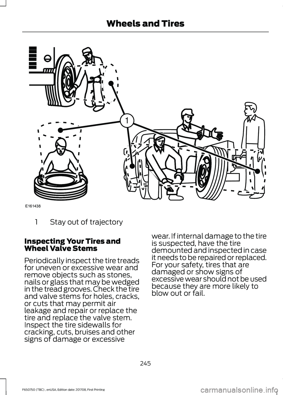 FORD F-650/750 2018 Owners Manual Stay out of trajectory
1
Inspecting Your Tires and
Wheel Valve Stems
Periodically inspect the tire treads
for uneven or excessive wear and
remove objects such as stones,
nails or glass that may be wed FORD F-650/750 2018 Owners Manual Stay out of trajectory
1
Inspecting Your Tires and
Wheel Valve Stems
Periodically inspect the tire treads
for uneven or excessive wear and
remove objects such as stones,
nails or glass that may be wed