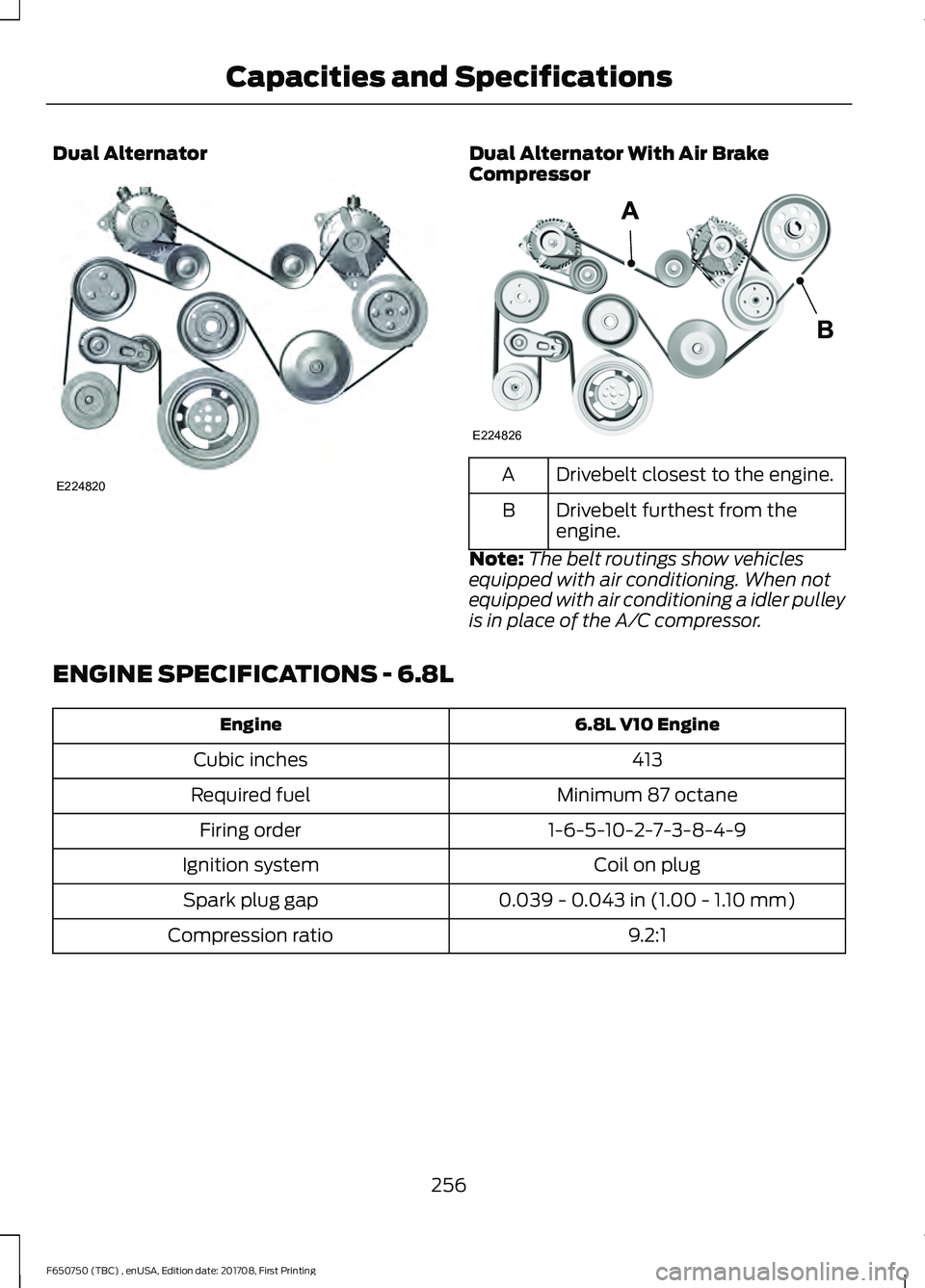 FORD F-650/750 2018 Owners Manual Dual Alternator Dual Alternator With Air Brake
Compressor
Drivebelt closest to the engine.
A
Drivebelt furthest from the
engine.
B
Note: The belt routings show vehicles
equipped with air conditioning. FORD F-650/750 2018 Owners Manual Dual Alternator Dual Alternator With Air Brake
Compressor
Drivebelt closest to the engine.
A
Drivebelt furthest from the
engine.
B
Note: The belt routings show vehicles
equipped with air conditioning.