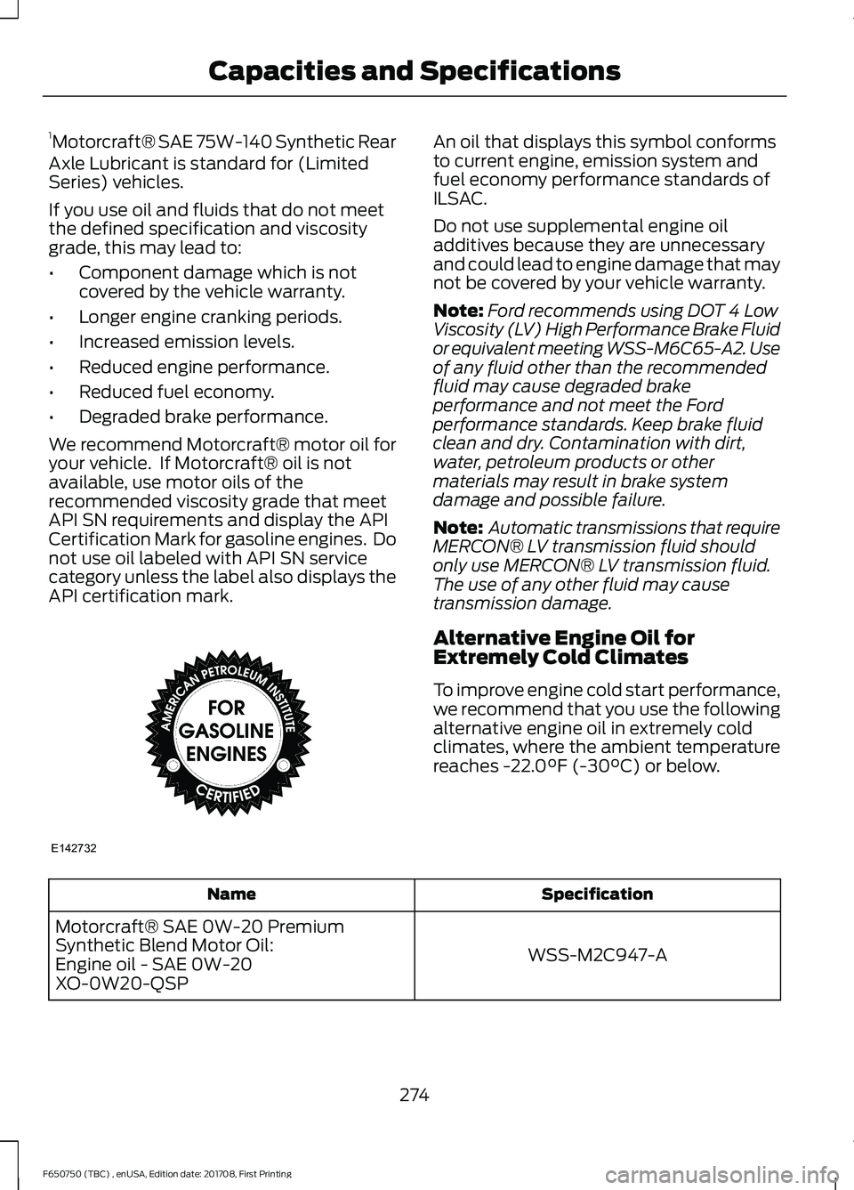 FORD F-650/750 2018 Owners Manual 1
Motorcraft® SAE 75W-140 Synthetic Rear
Axle Lubricant is standard for (Limited
Series) vehicles.
If you use oil and fluids that do not meet
the defined specification and viscosity
grade, this may l FORD F-650/750 2018 Owners Manual 1
Motorcraft® SAE 75W-140 Synthetic Rear
Axle Lubricant is standard for (Limited
Series) vehicles.
If you use oil and fluids that do not meet
the defined specification and viscosity
grade, this may l