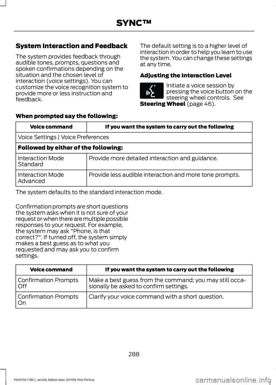 FORD F-650/750 2018 Owners Manual System Interaction and Feedback
The system provides feedback through
audible tones, prompts, questions and
spoken confirmations depending on the
situation and the chosen level of
interaction (voice se FORD F-650/750 2018 Owners Manual System Interaction and Feedback
The system provides feedback through
audible tones, prompts, questions and
spoken confirmations depending on the
situation and the chosen level of
interaction (voice se
