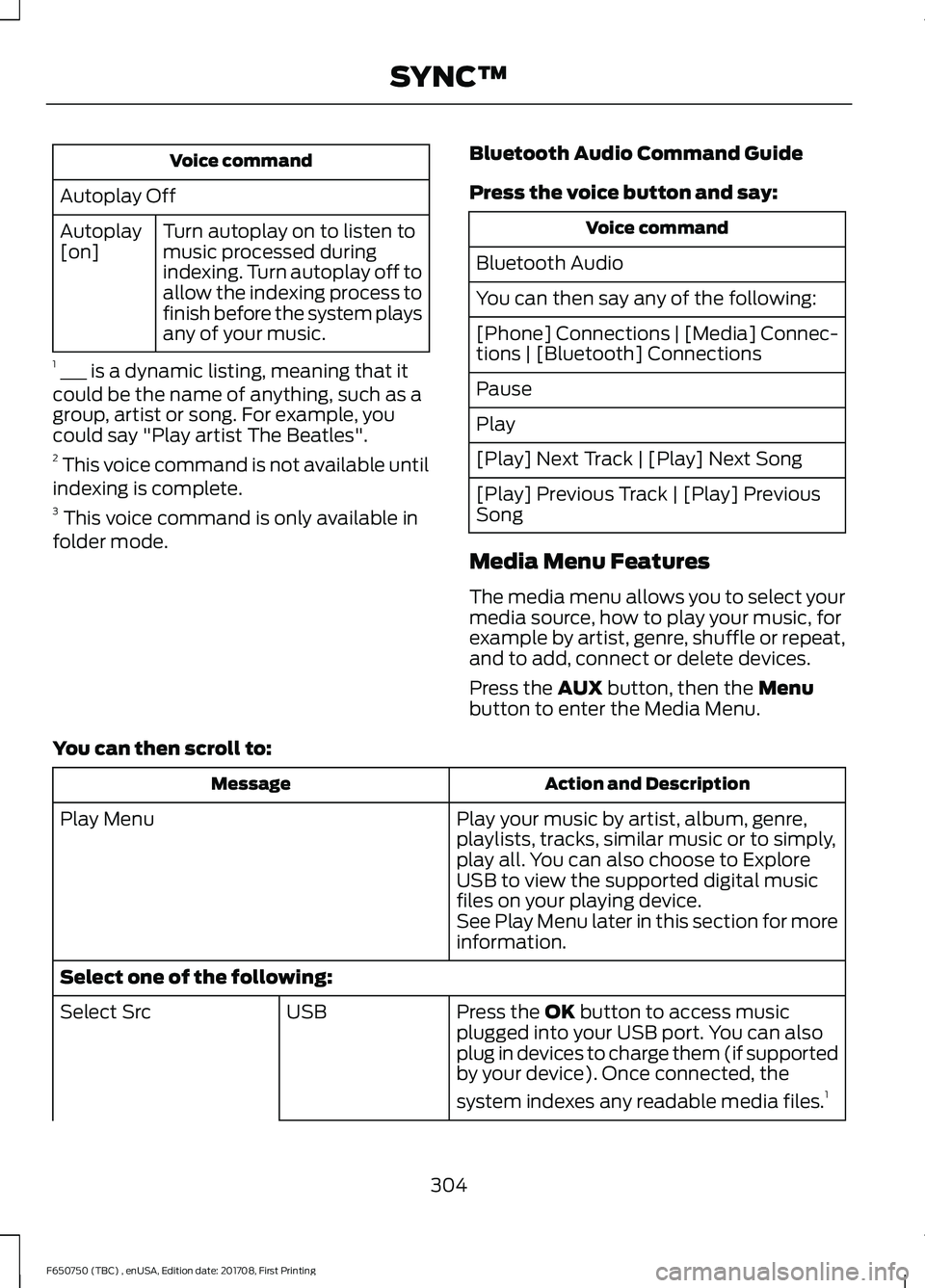 FORD F-650/750 2018 Owners Manual Voice command
Autoplay Off Turn autoplay on to listen to
music processed during
indexing. Turn autoplay off to
allow the indexing process to
finish before the system plays
any of your music.
Autoplay
FORD F-650/750 2018 Owners Manual Voice command
Autoplay Off Turn autoplay on to listen to
music processed during
indexing. Turn autoplay off to
allow the indexing process to
finish before the system plays
any of your music.
Autoplay