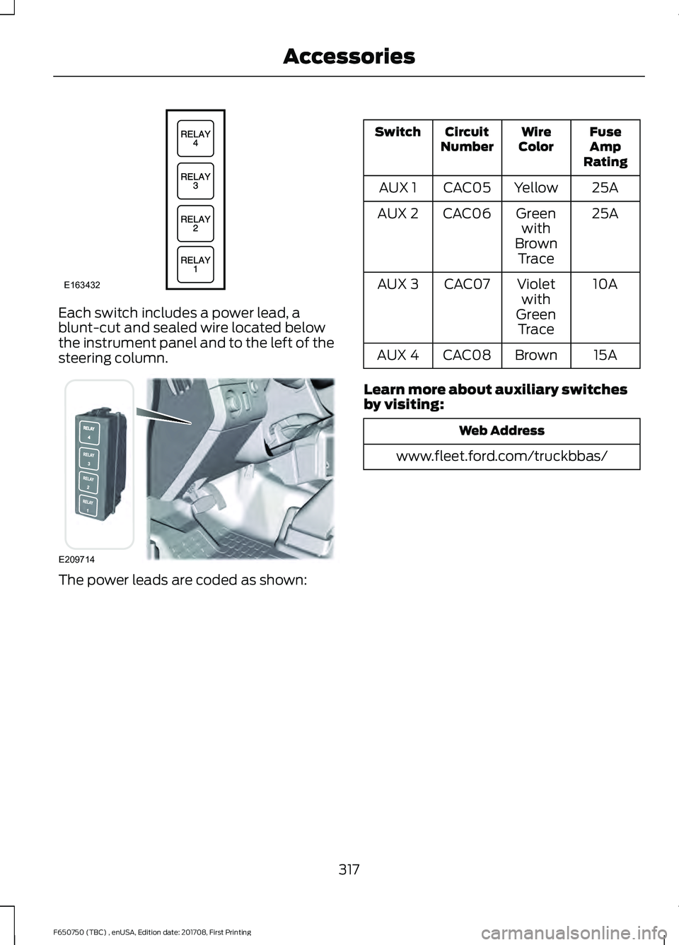 FORD F-650/750 2018 Owners Manual Each switch includes a power lead, a
blunt-cut and sealed wire located below
the instrument panel and to the left of the
steering column.
The power leads are coded as shown: Fuse
Amp
Rating
Wire
Color FORD F-650/750 2018 Owners Manual Each switch includes a power lead, a
blunt-cut and sealed wire located below
the instrument panel and to the left of the
steering column.
The power leads are coded as shown: Fuse
Amp
Rating
Wire
Color