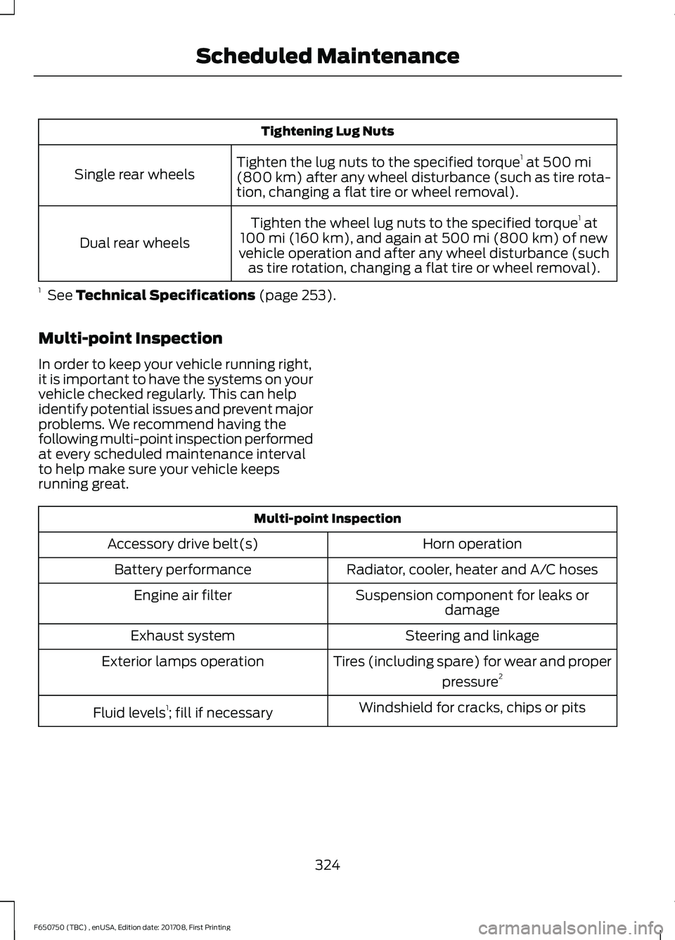 FORD F-650/750 2018 Owners Manual Tightening Lug Nuts
Tighten the lug nuts to the specified torque 1
at 500 mi
(800 km) after any wheel disturbance (such as tire rota-
tion, changing a flat tire or wheel removal).
Single rear wheels
FORD F-650/750 2018 Owners Manual Tightening Lug Nuts
Tighten the lug nuts to the specified torque 1
at 500 mi
(800 km) after any wheel disturbance (such as tire rota-
tion, changing a flat tire or wheel removal).
Single rear wheels