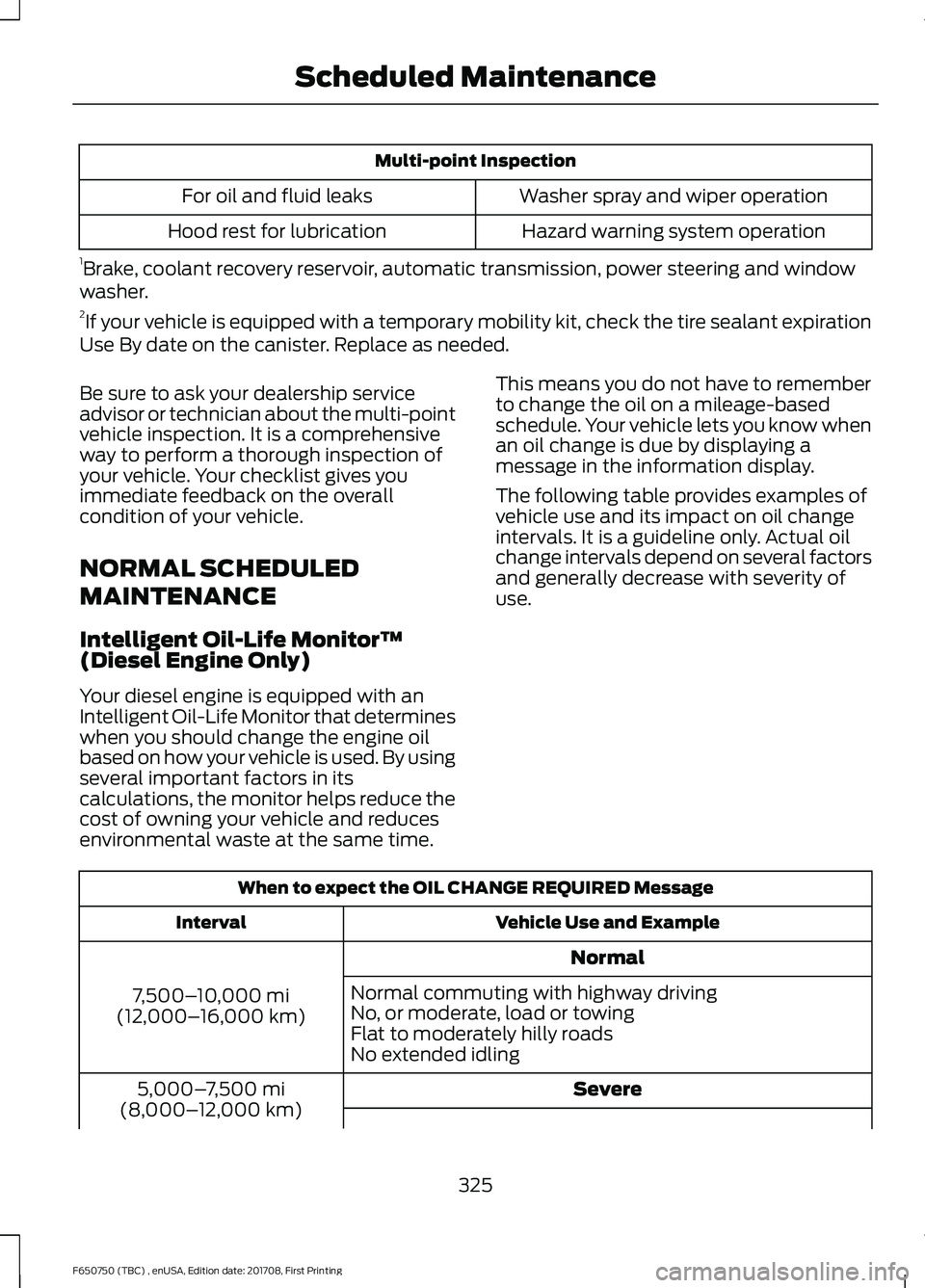 FORD F-650/750 2018 Owners Manual Multi-point Inspection
Washer spray and wiper operation
For oil and fluid leaks
Hazard warning system operation
Hood rest for lubrication
1 Brake, coolant recovery reservoir, automatic transmission, p FORD F-650/750 2018 Owners Manual Multi-point Inspection
Washer spray and wiper operation
For oil and fluid leaks
Hazard warning system operation
Hood rest for lubrication
1 Brake, coolant recovery reservoir, automatic transmission, p