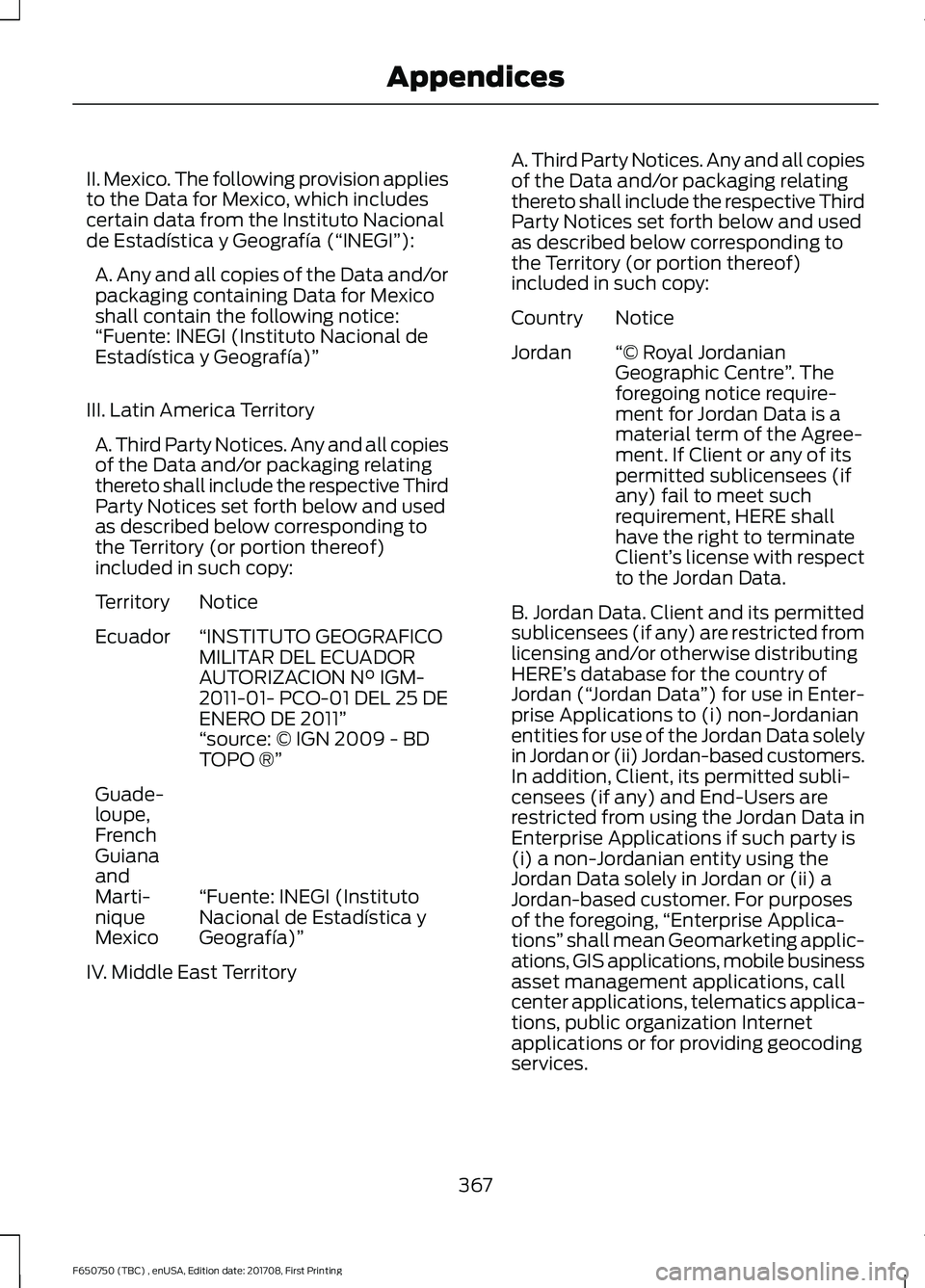FORD F-650/750 2018  Owners Manual II. Mexico. The following provision applies
to the Data for Mexico, which includes
certain data from the Instituto Nacional
de Estadística y Geografía (“INEGI”):
A. Any and all copies of the Dat