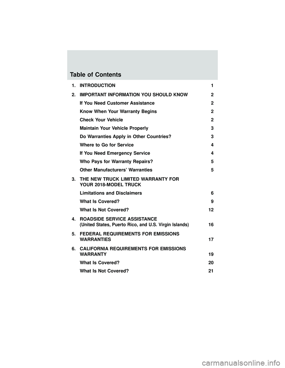FORD F-650/750 2018 Warranty Guide Table of Contents
1. INTRODUCTION1
2.
IMPORTANT INFORMATION YOU SHOULD KNOW2
If You Need Customer Assistance 2
Know When Your Warranty Begins 2
Check Your Vehicle 2
Maintain Your Vehicle Properly 3
Do FORD F-650/750 2018 Warranty Guide Table of Contents
1. INTRODUCTION1
2.
IMPORTANT INFORMATION YOU SHOULD KNOW2
If You Need Customer Assistance 2
Know When Your Warranty Begins 2
Check Your Vehicle 2
Maintain Your Vehicle Properly 3
Do