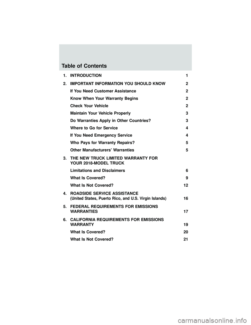 FORD F-650/750 2018  Warranty Guide Table of Contents
1. INTRODUCTION1
2.
IMPORTANT INFORMATION YOU SHOULD KNOW2
If You Need Customer Assistance 2
Know When Your Warranty Begins 2
Check Your Vehicle 2
Maintain Your Vehicle Properly 3
Do