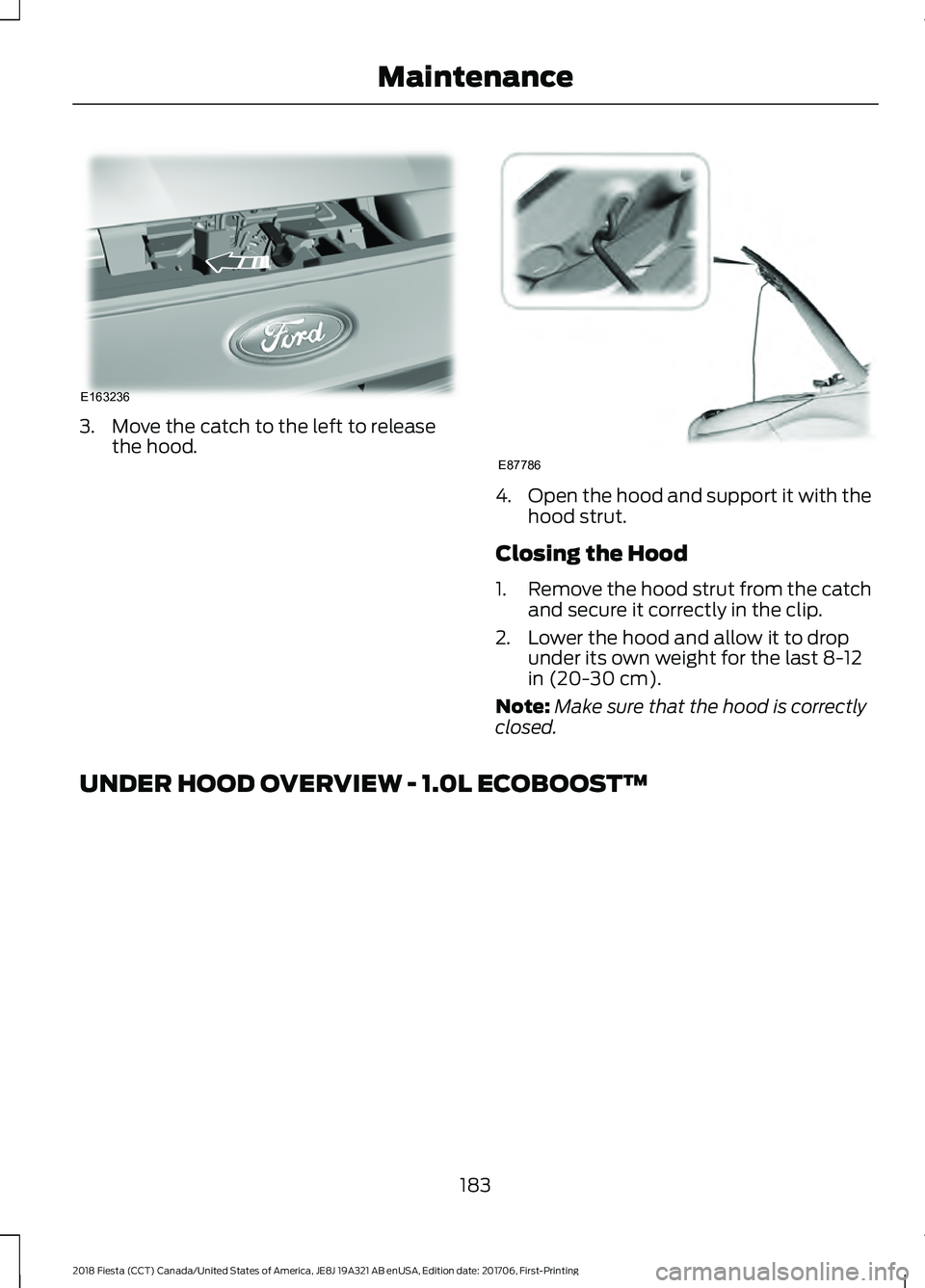 FORD FIESTA 2018 Owners Manual 3. Move the catch to the left to release
the hood. 4.
Open the hood and support it with the
hood strut.
Closing the Hood
1. Remove the hood strut from the catch
and secure it correctly in the clip.
2. FORD FIESTA 2018 Owners Manual 3. Move the catch to the left to release
the hood. 4.
Open the hood and support it with the
hood strut.
Closing the Hood
1. Remove the hood strut from the catch
and secure it correctly in the clip.
2.
