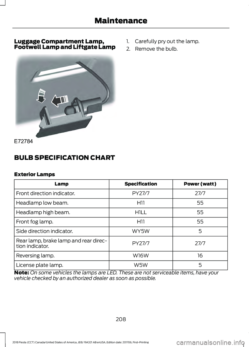 FORD FIESTA 2018 Owners Manual Luggage Compartment Lamp,
Footwell Lamp and Liftgate Lamp 1. Carefully pry out the lamp.
2. Remove the bulb.
BULB SPECIFICATION CHART
Exterior Lamps Power (watt)
Specification
Lamp
27/7
PY27/7
Front d FORD FIESTA 2018 Owners Manual Luggage Compartment Lamp,
Footwell Lamp and Liftgate Lamp 1. Carefully pry out the lamp.
2. Remove the bulb.
BULB SPECIFICATION CHART
Exterior Lamps Power (watt)
Specification
Lamp
27/7
PY27/7
Front d