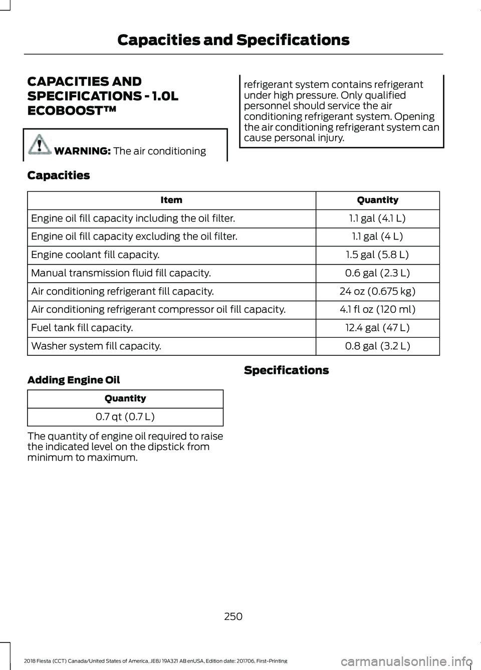 FORD FIESTA 2018  Owners Manual CAPACITIES AND
SPECIFICATIONS - 1.0L
ECOBOOST™
WARNING: The air conditioning refrigerant system contains refrigerant
under high pressure. Only qualified
personnel should service the air
conditioning