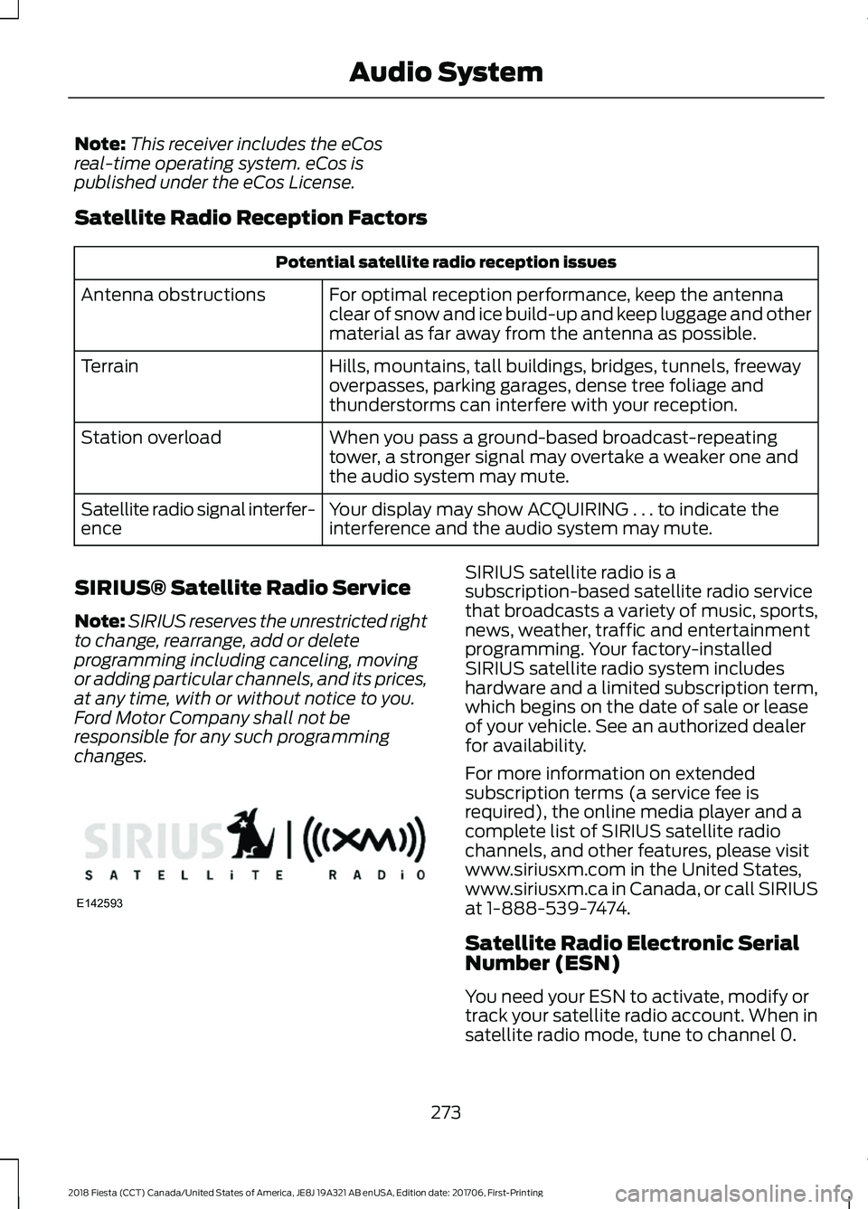 FORD FIESTA 2018  Owners Manual Note:
This receiver includes the eCos
real-time operating system. eCos is
published under the eCos License.
Satellite Radio Reception Factors Potential satellite radio reception issues
For optimal rec