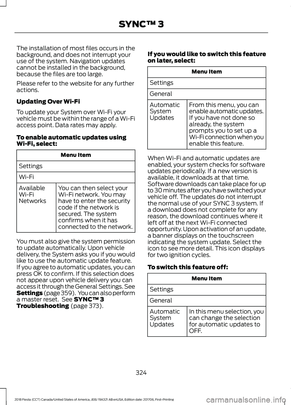 FORD FIESTA 2018 Owners Manual The installation of most files occurs in the
background, and does not interrupt your
use of the system. Navigation updates
cannot be installed in the background,
because the files are too large.
Pleas FORD FIESTA 2018 Owners Manual The installation of most files occurs in the
background, and does not interrupt your
use of the system. Navigation updates
cannot be installed in the background,
because the files are too large.
Pleas