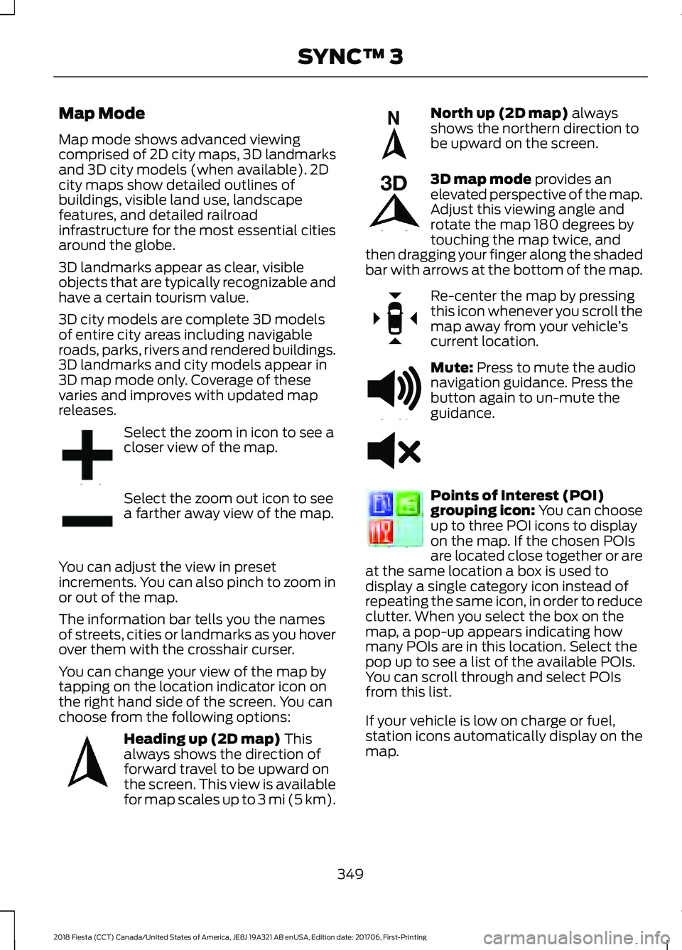 FORD FIESTA 2018  Owners Manual Map Mode
Map mode shows advanced viewing
comprised of 2D city maps, 3D landmarks
and 3D city models (when available). 2D
city maps show detailed outlines of
buildings, visible land use, landscape
feat