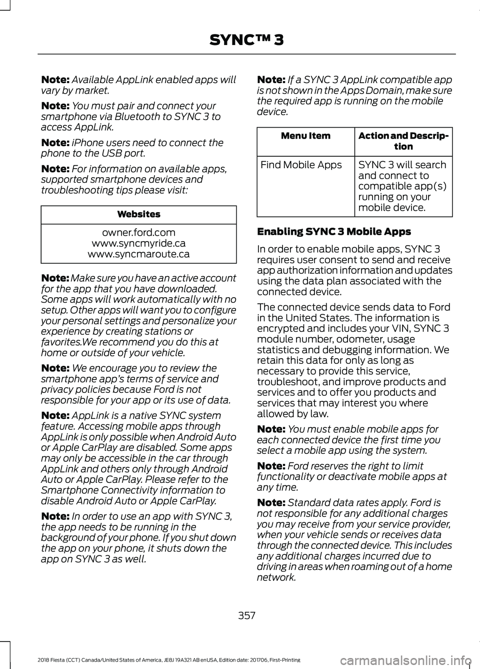 FORD FIESTA 2018 Owners Manual Note:
Available AppLink enabled apps will
vary by market.
Note: You must pair and connect your
smartphone via Bluetooth to SYNC 3 to
access AppLink.
Note: iPhone users need to connect the
phone to the FORD FIESTA 2018 Owners Manual Note:
Available AppLink enabled apps will
vary by market.
Note: You must pair and connect your
smartphone via Bluetooth to SYNC 3 to
access AppLink.
Note: iPhone users need to connect the
phone to the